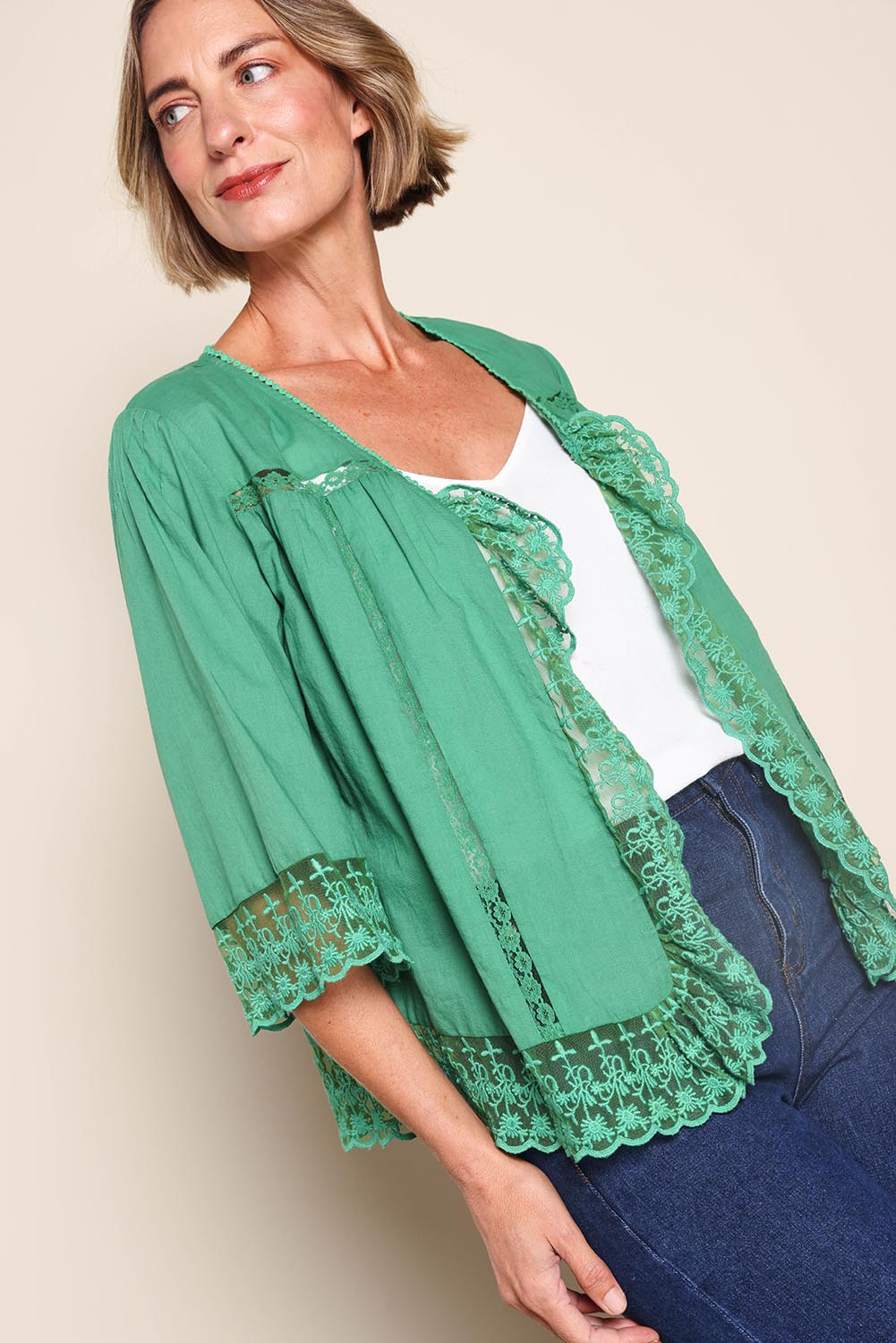 Model Riinar wearing size 10 of the Spring Day Throw – Green in colour Green, from an angle