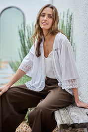 Model Tegand wearing size 10 of the Spring Day Cotton Throw - White in colour White, in a cropped view