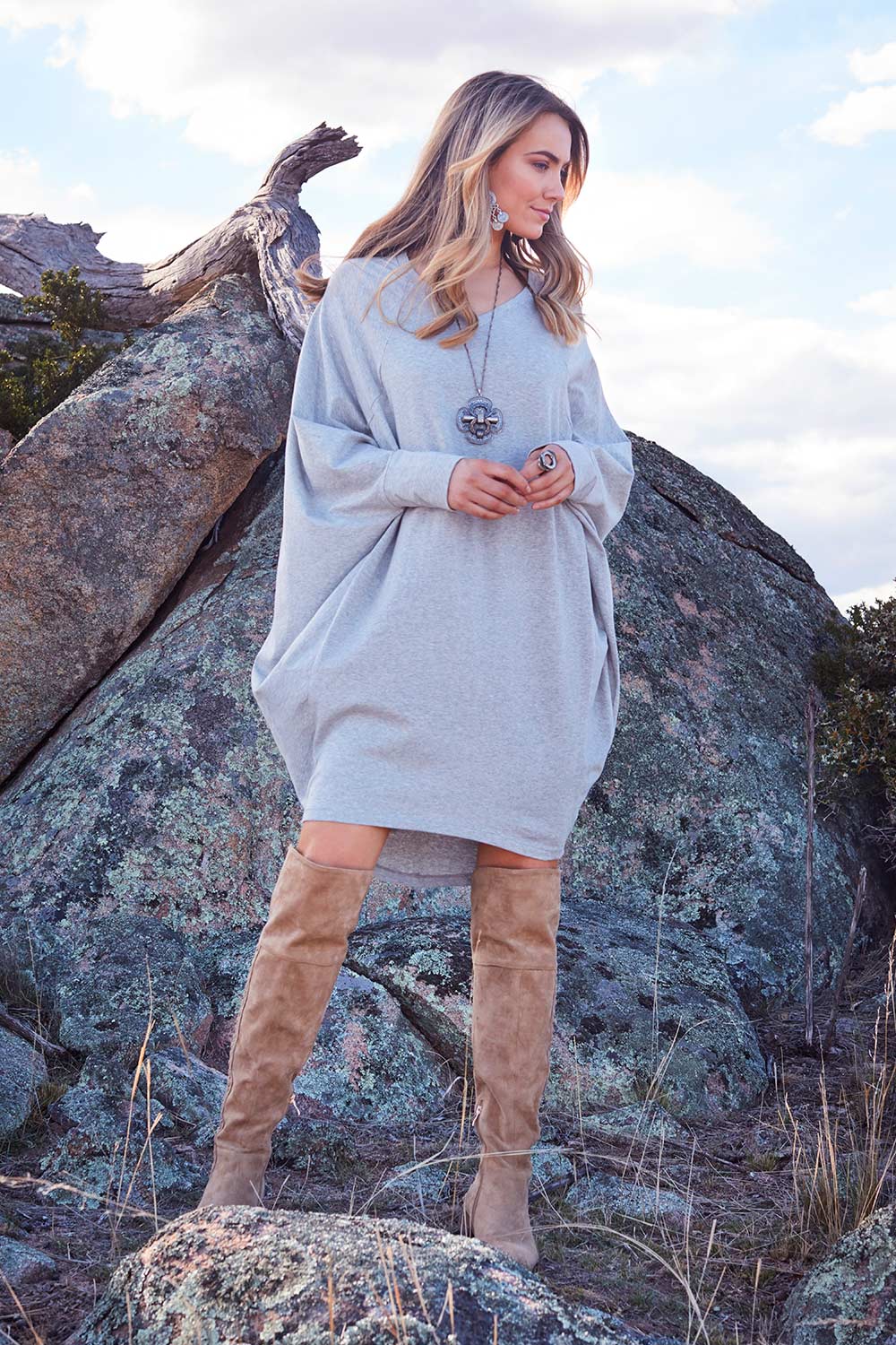 Model Marnee wearing size 10 of the Sunshine In Me Dress in colour GreyMarle (Grey), from the front, showing the whole outfit