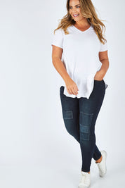 Model Fiona wearing size 16 of the You Patched Me All Up Jeans in colour Denim (Blue), from the front, showing the whole outfit