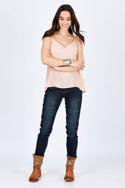 Model Georgia wearing size 10 of the You Patched Me All Up Jeans in colour Denim (Blue), from the front, showing the whole outfit