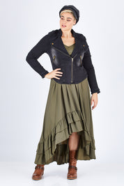 Model Stefania wearing size 14 of the Road Less Travelled Jacket in colour Black (Black), from the front, showing the whole outfit