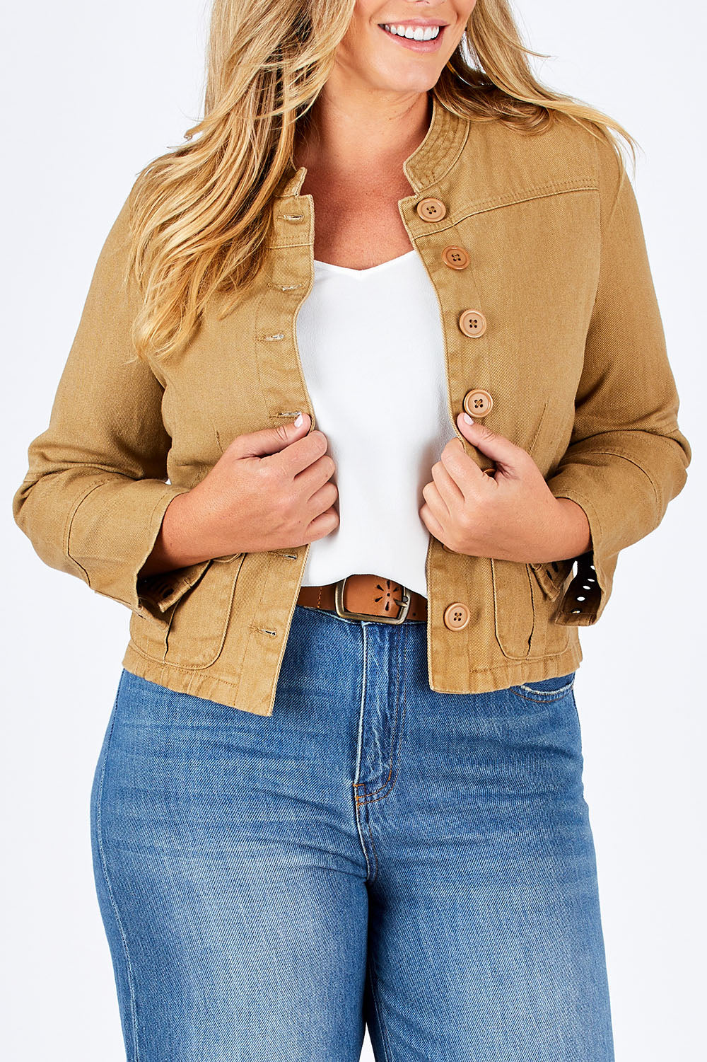 Model Fiona wearing size 16 of the My Admiral Jacket in colour Sand, from the front, cropped image