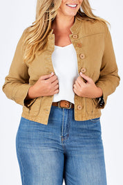 Model Fiona wearing size 16 of the My Admiral Jacket in colour Sand, from the front, cropped image
