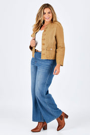 Model Fiona wearing size 16 of the My Admiral Jacket in colour Sand, from the front, showing the whole outfit