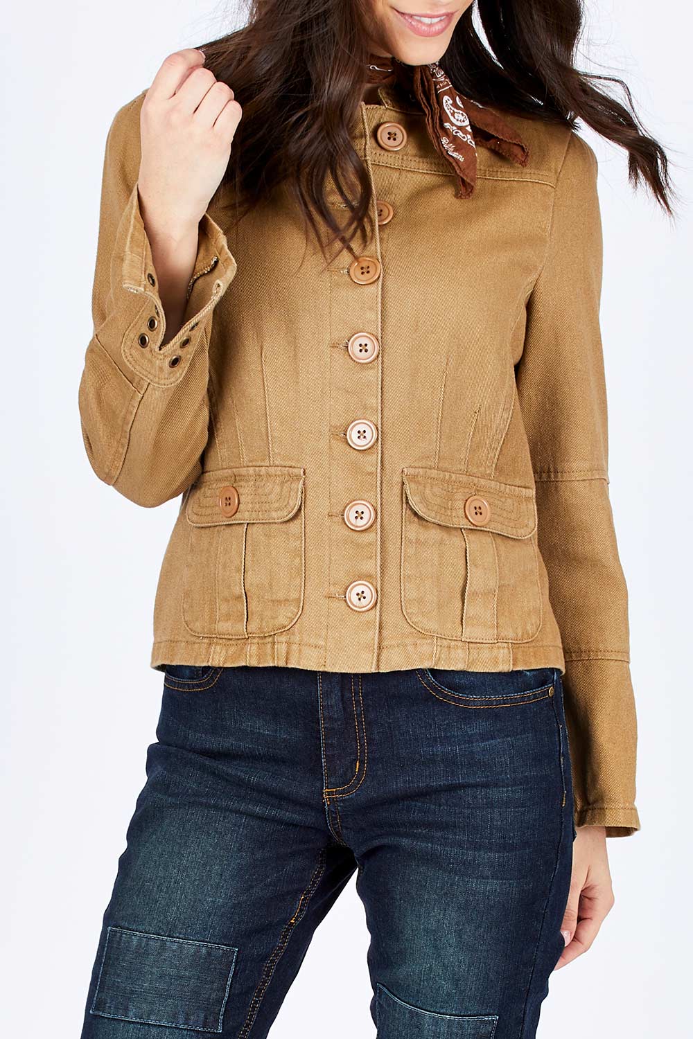 Model Georgia wearing size 10 of the My Admiral Jacket in colour Sand, from the front, cropped image
