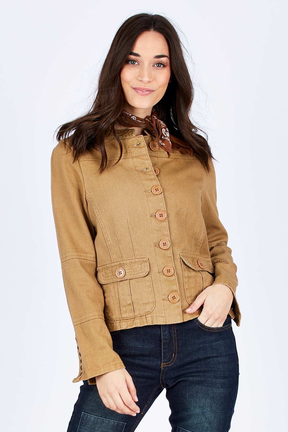 Model Georgia wearing size 10 of the My Admiral Jacket in colour Sand, from the front, cropped image