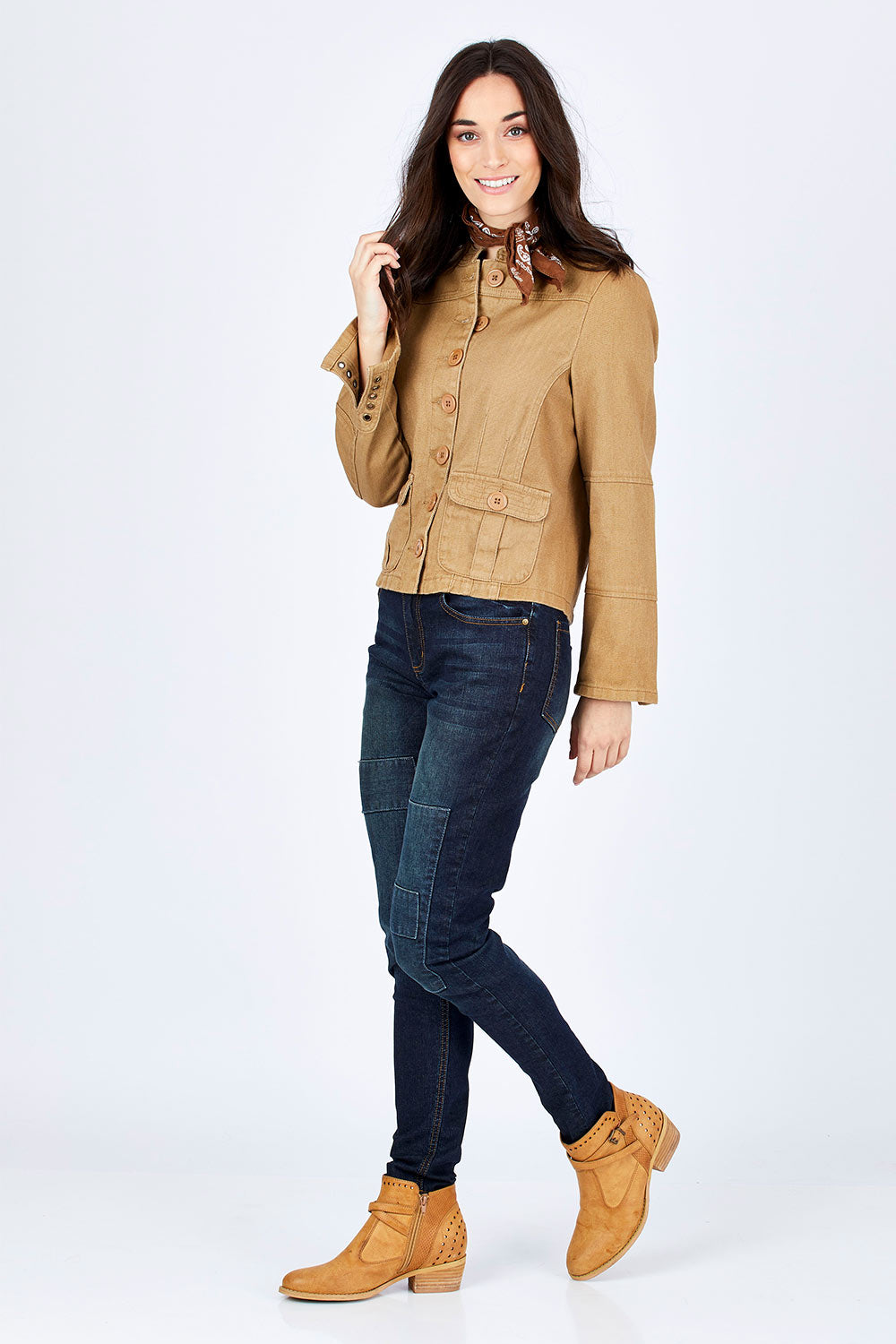 Model Georgia wearing size 10 of the My Admiral Jacket in colour Sand, from the front, showing the whole outfit