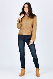 Model Georgia wearing size 10 of the My Admiral Jacket in colour Sand, from the front, showing the whole outfit