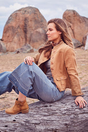 Model Marnee wearing size 10 of the My Admiral Jacket in colour Sand, from the front, showing the whole outfit
