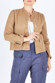 Model Stefania wearing size 14 of the My Admiral Jacket in colour Sand, from the front, cropped image