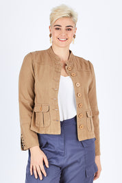 Model Stefania wearing size 14 of the My Admiral Jacket in colour Sand, from the front, cropped image