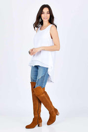 Model Georgia wearing size 10 of the Sugar Snaps Round Neck Layer Tank in colour White (White), from the front, showing the whole outfit