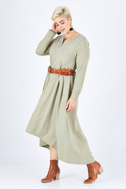 Model Stefania wearing size 14 of the Picking Wildflowers Dress in colour Pumice, from the front, showing the whole outfit