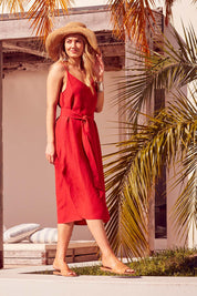 Model Marnee wearing size 10 of the Sunshine And Happiness Dress in colour Ketchup (Red), from the front, showing the whole outfit