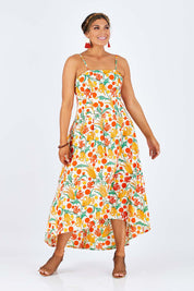 Model Palatina wearing size 14 of the Dancing By Sunset Dress in colour Floralspot, from the front, showing the whole outfit