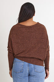 Model Ashleigh wearing size 16 of the Snuggle Up Jumper in colour Chocolate, from the back