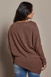 Model Tahnee wearing size 10 of the Snuggle Up Jumper in colour Chocolate, from the back