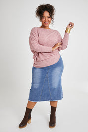 Model Alexis wearing size 16 of the Snuggle Up Jumper in colour Dustypink (Pink), from the front, showing the whole outfit
