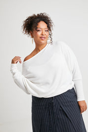 Model Alexis wearing size 16 of the Snuggle Up Jumper in colour Ivory (White), from the front, cropped image
