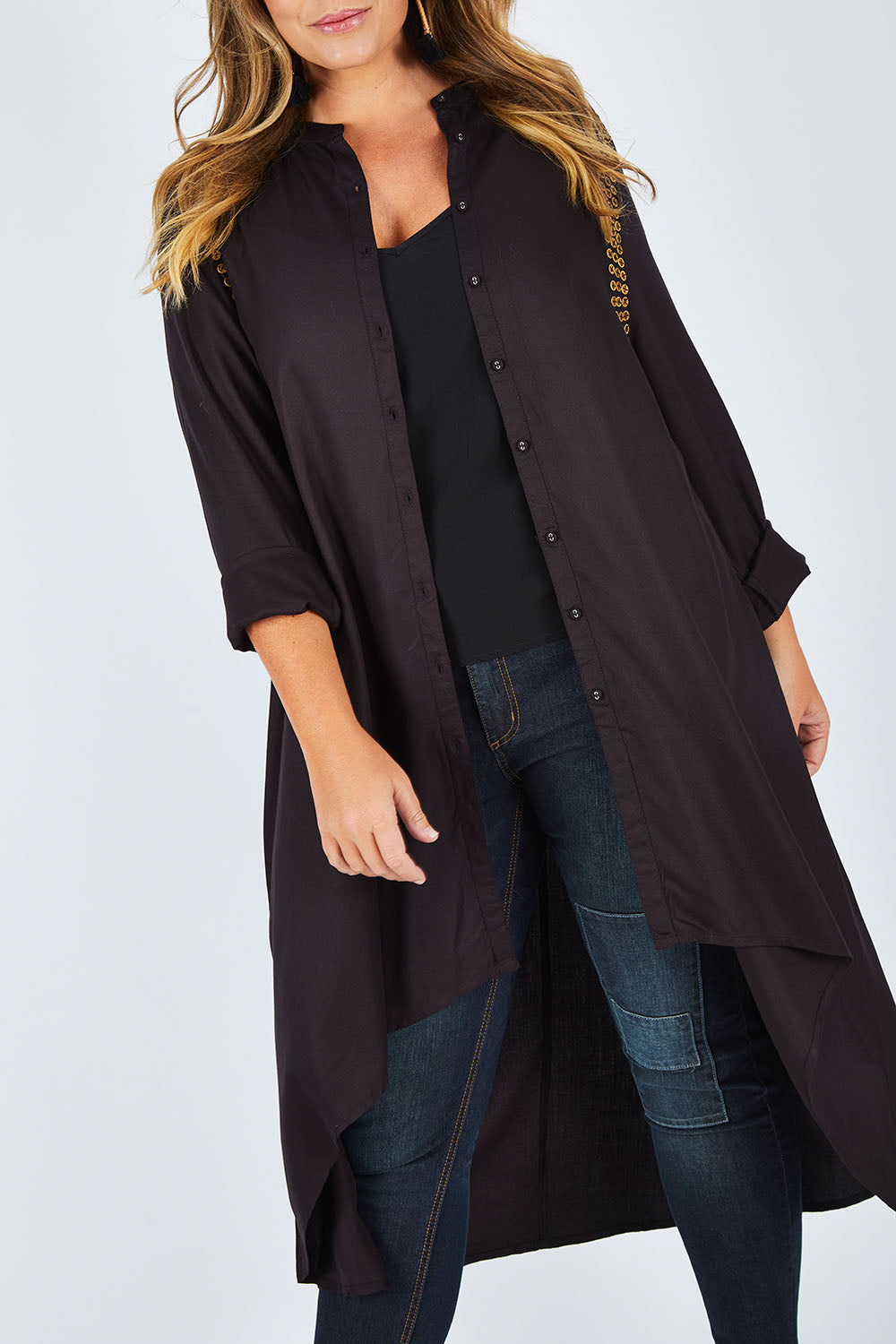 Model Fiona wearing size 16 of the You At My Shoulder Tunic in colour Black (Black), from the front, cropped image