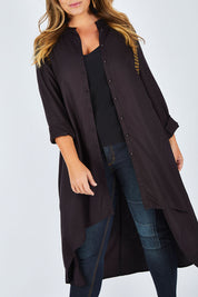 Model Fiona wearing size 16 of the You At My Shoulder Tunic in colour Black (Black), from the front, cropped image