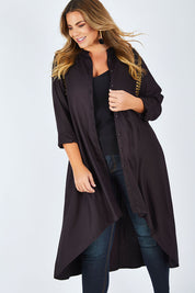 Model Fiona wearing size 16 of the You At My Shoulder Tunic in colour Black (Black), from the front, cropped image