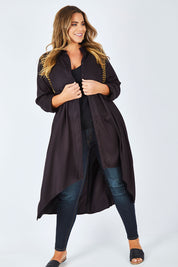 Model Fiona wearing size 16 of the You At My Shoulder Tunic in colour Black (Black), from the front, showing the whole outfit
