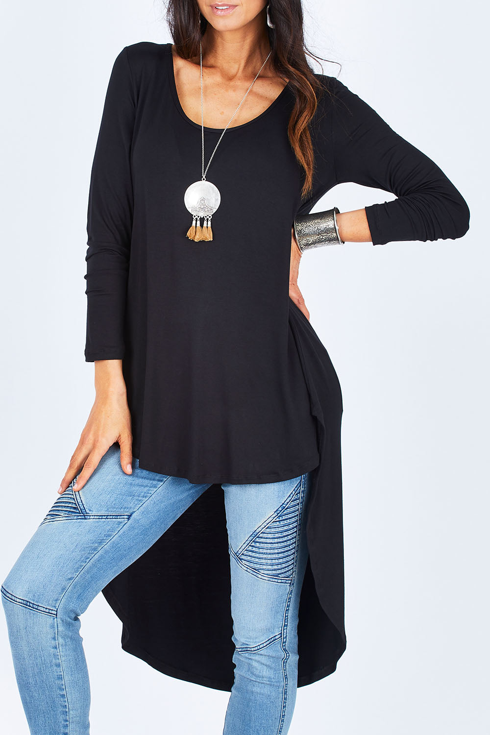 Model Gemma wearing size 10 of the Moonlight Kisses Bamboo Tee in colour Black (Black), from the front, cropped image