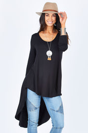 Model Gemma wearing size 10 of the Moonlight Kisses Bamboo Tee in colour Black (Black), from the front, cropped image