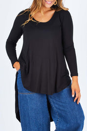 Model Palatina wearing size 14 of the Moonlight Kisses Bamboo Tee in colour Black (Black), from the front, cropped image