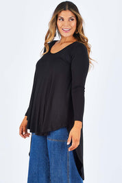 Model Palatina wearing size 14 of the Moonlight Kisses Bamboo Tee in colour Black (Black), from the front, cropped image