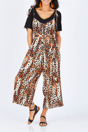 Model Gemma wearing size 10 of the Oh The Places You Will Go Jumpsuit in colour Leopard, from the front, cropped image