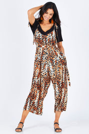 Model Gemma wearing size 10 of the Oh The Places You Will Go Jumpsuit in colour Leopard, from the front, showing the whole outfit
