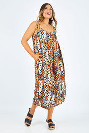 Model Palatina wearing size 14 of the Oh The Places You Will Go Jumpsuit in colour Leopard, from the front, showing the whole outfit