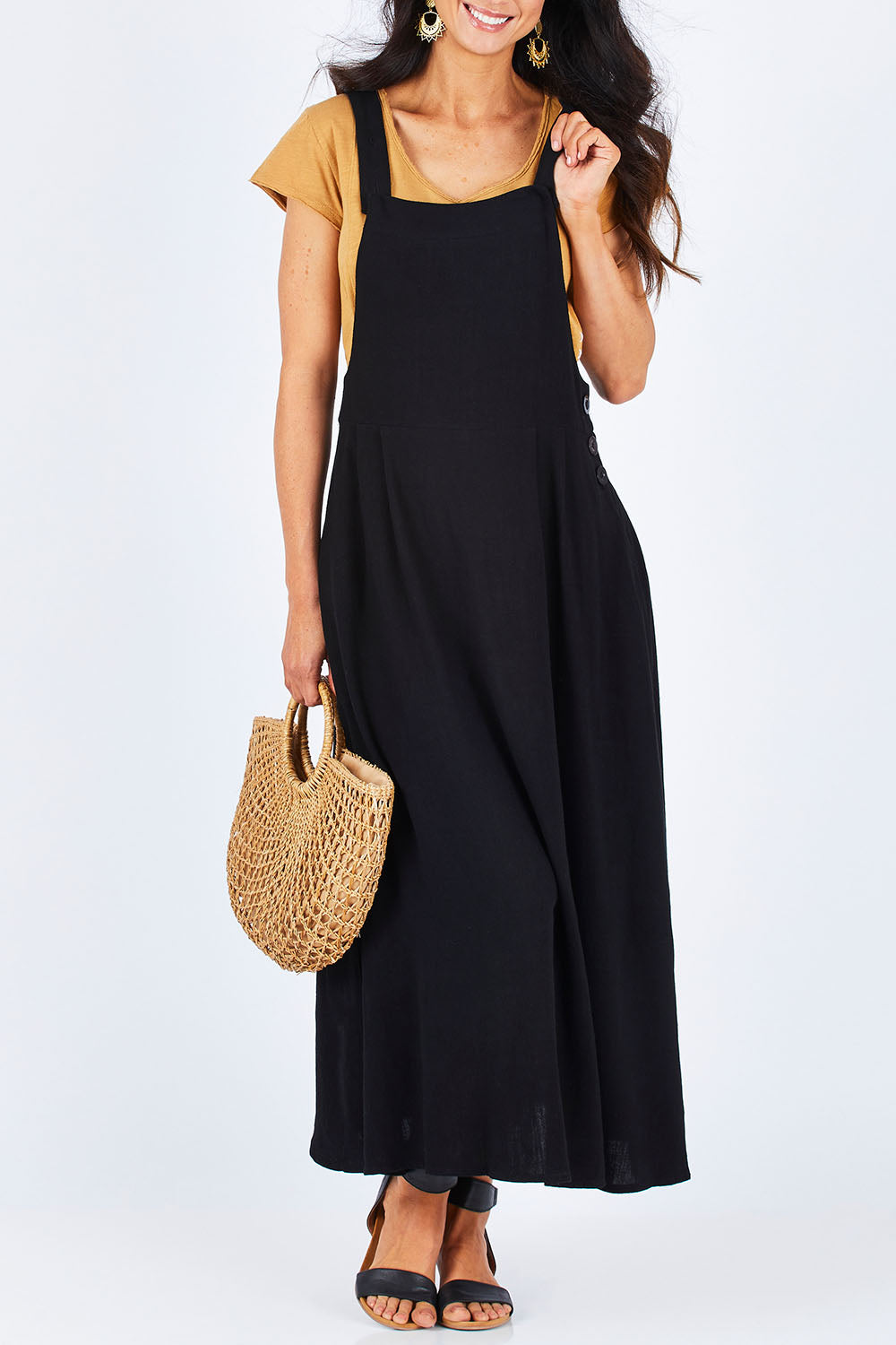Model Gemma wearing size 10 of the Flow With Me Slouch Dress in colour Black (Black), from the front, cropped image
