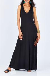 Model Gemma wearing size 10 of the My Faithful Maxi Singlet Dress in colour Black (Black), from the front, cropped image