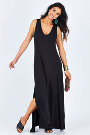 Model Gemma wearing size 10 of the My Faithful Maxi Singlet Dress in colour Black (Black), from the front, showing the whole outfit