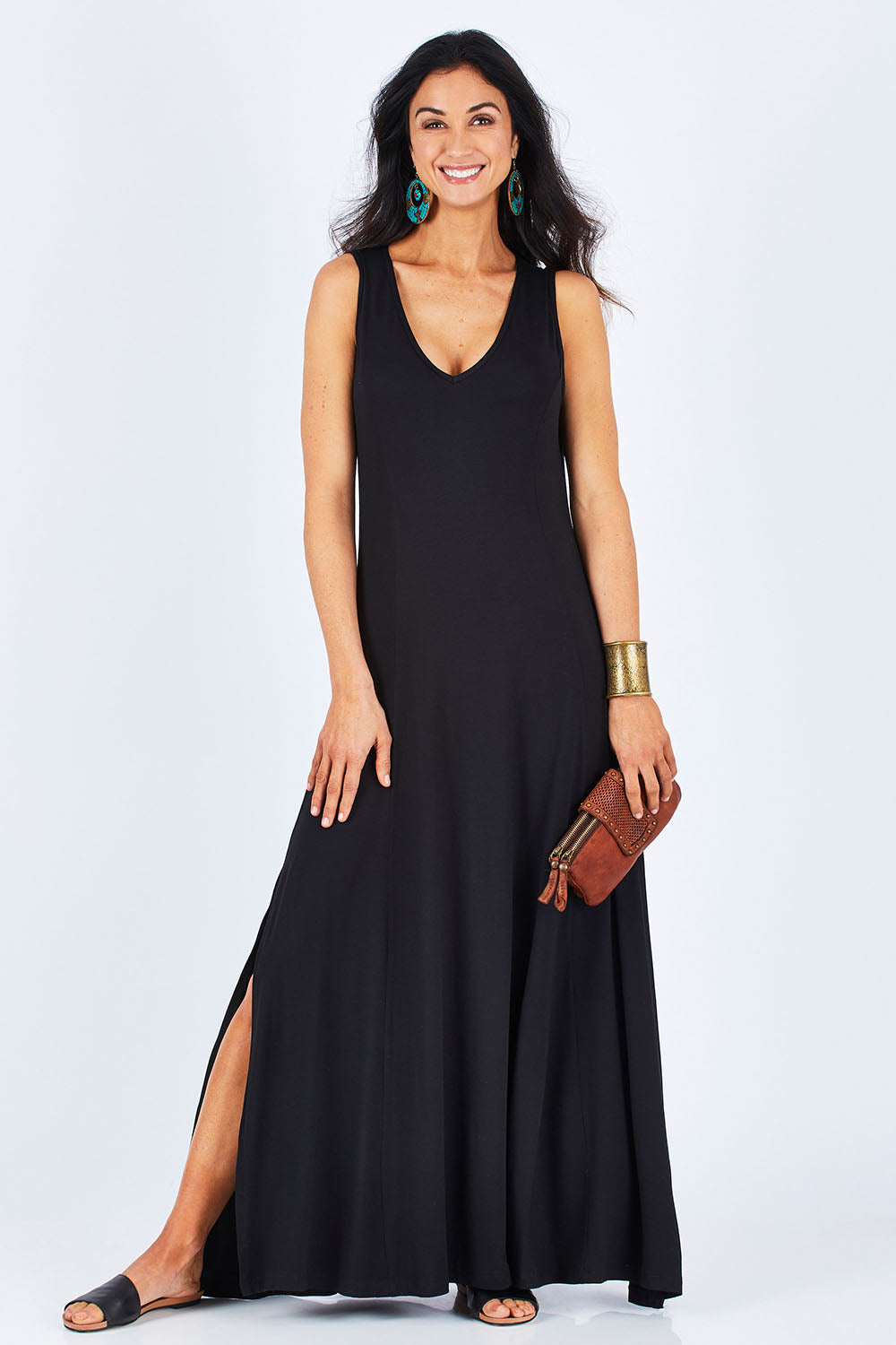 Model Gemma wearing size 10 of the My Faithful Maxi Singlet Dress in colour Black (Black), from the front, showing the whole outfit