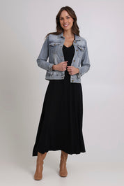 Model Madeline wearing size 10 of the My Faithful Maxi Singlet Dress in colour Black (Black), from the front, showing the whole outfit