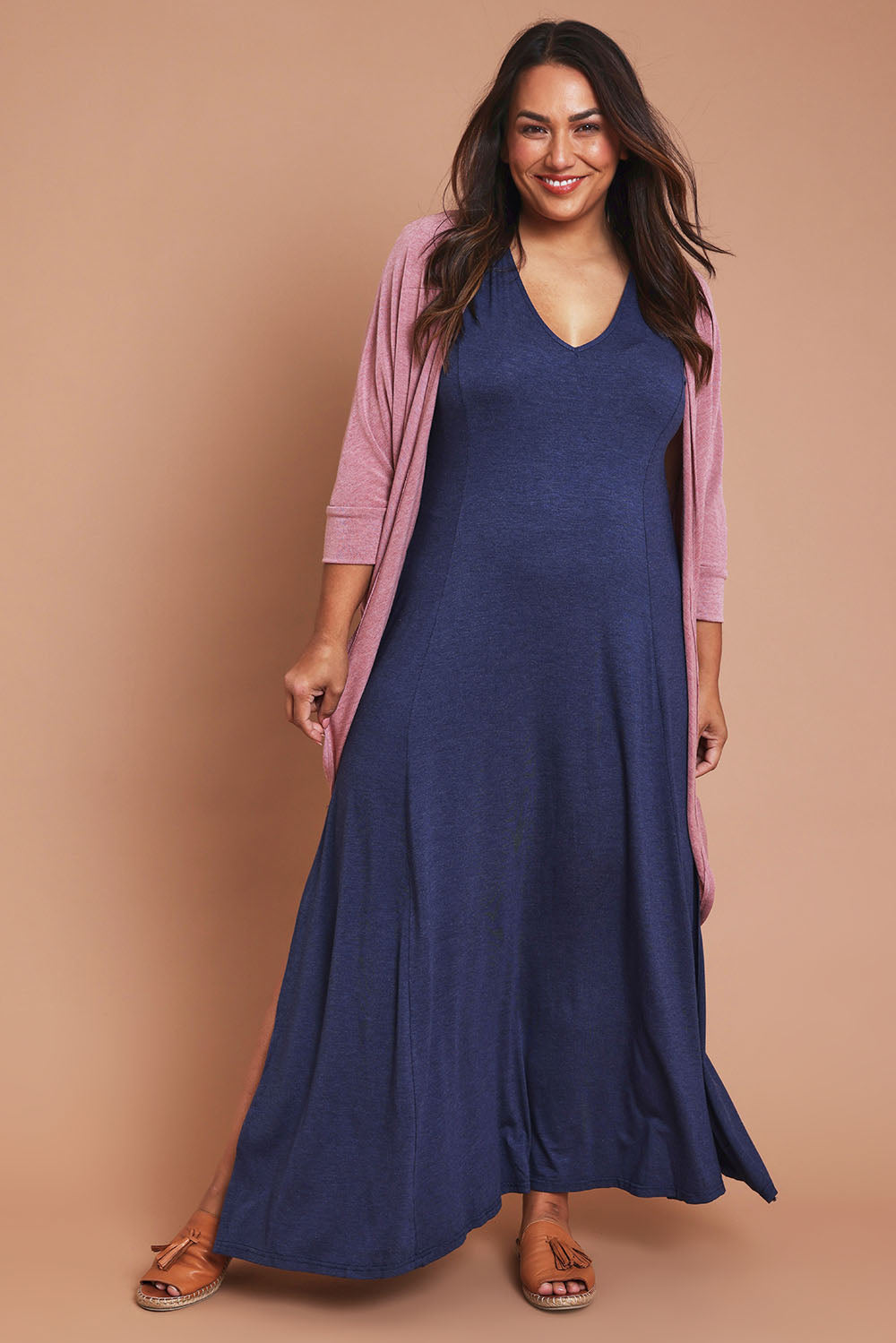 Model Ashleigh wearing size 16 of the My Faithful Maxi Singlet Dress in colour Marledenim (Blue), from the front, showing the whole outfit