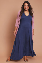 Model Ashleigh wearing size 16 of the My Faithful Maxi Singlet Dress in colour Marledenim (Blue), from the front, showing the whole outfit