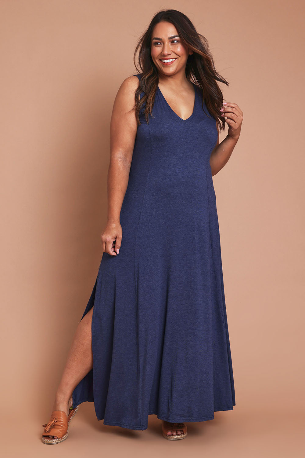 Model Ashleigh wearing size 16 of the My Faithful Maxi Singlet Dress in colour Marledenim (Blue), from the front, showing the whole outfit