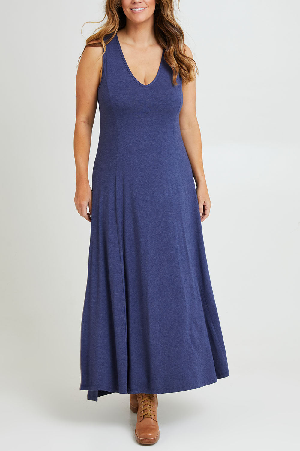 Model Laura wearing size 14 of the My Faithful Maxi Singlet Dress in colour Marledenim (Blue), from the front, cropped image