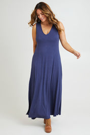 Model Laura wearing size 14 of the My Faithful Maxi Singlet Dress in colour Marledenim (Blue), from the front, showing the whole outfit