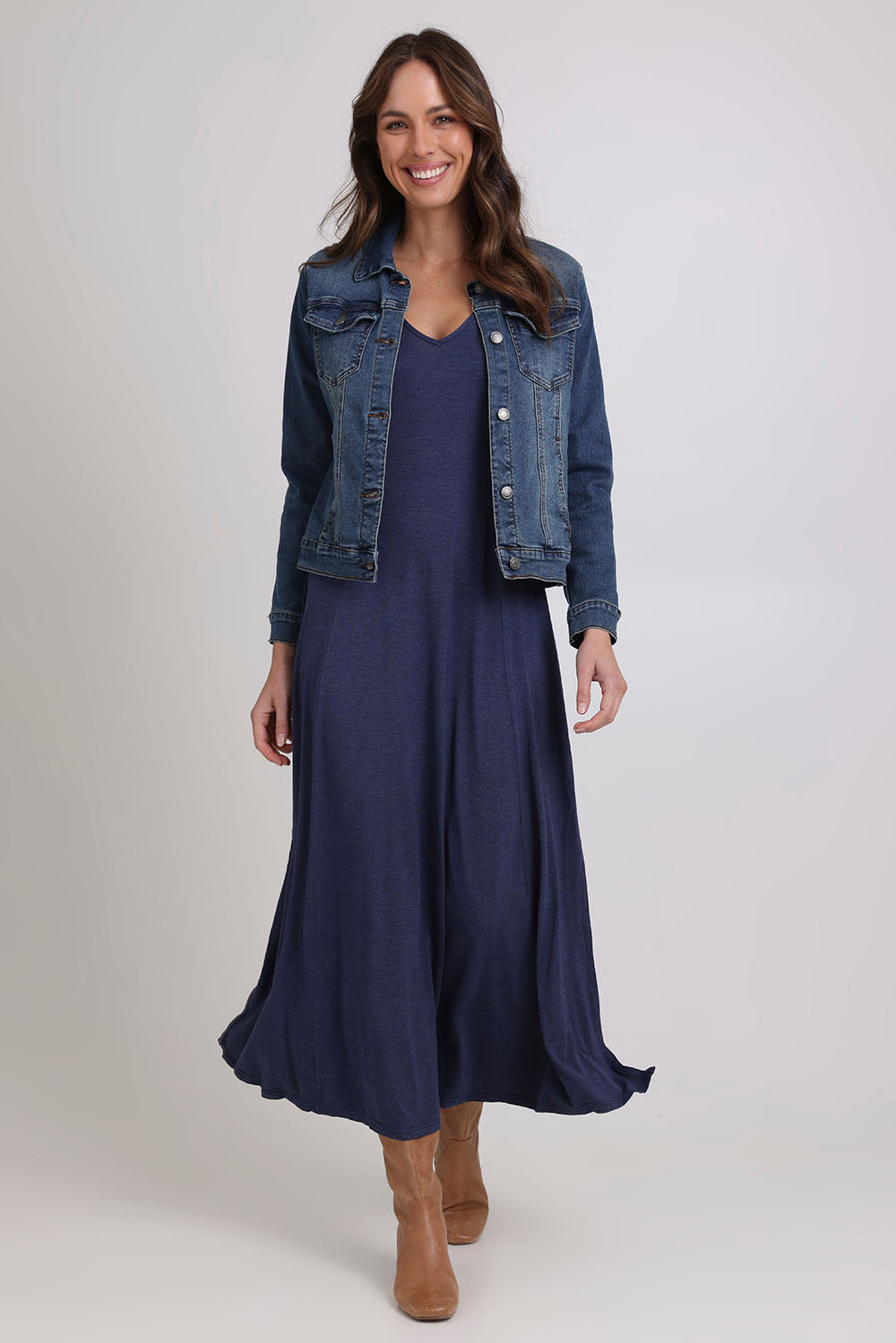 Model Madeline wearing size 10 of the My Faithful Maxi Singlet Dress in colour Marledenim (Blue), from the front, showing the whole outfit