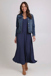 Model Madeline wearing size 10 of the My Faithful Maxi Singlet Dress in colour Marledenim (Blue), from the front, showing the whole outfit