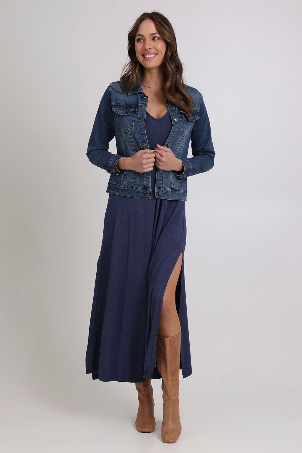 Model Madeline wearing size 10 of the My Faithful Maxi Singlet Dress in colour Marledenim (Blue), from the front, showing the whole outfit