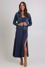 Model Madeline wearing size 10 of the My Faithful Maxi Singlet Dress in colour Marledenim (Blue), from the front, showing the whole outfit