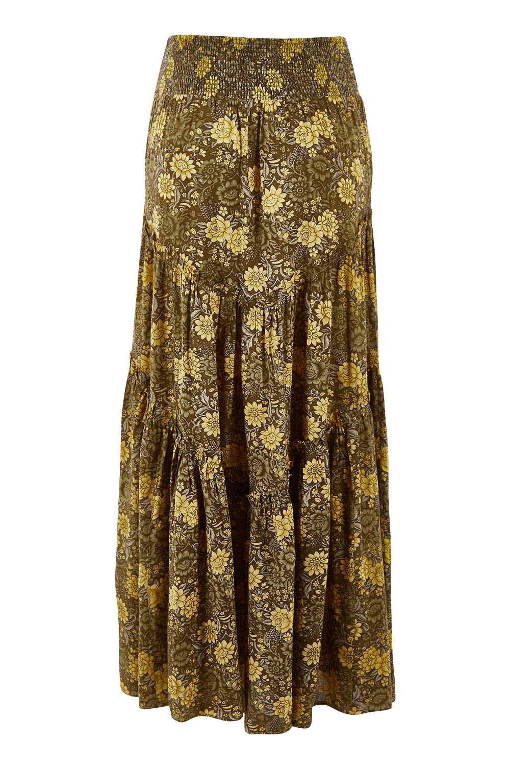 Product shot of the Skirting Around The Garden Skirt in colour Khakigold (Green), from the back
